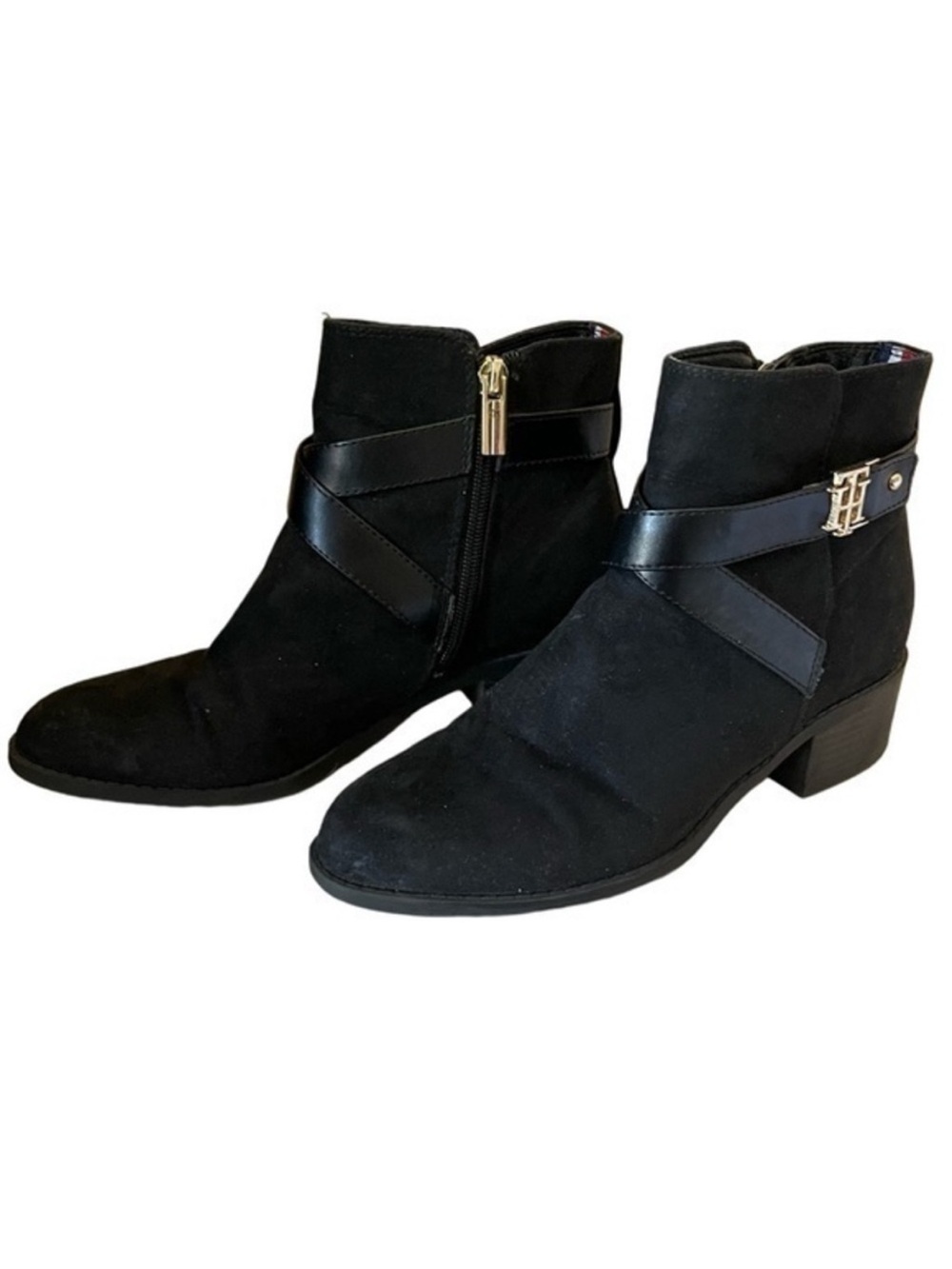 TOMMY HILFIGER Women’s Shoe Flat Ankle Booties Black Suede Gold Accents Size 6.5